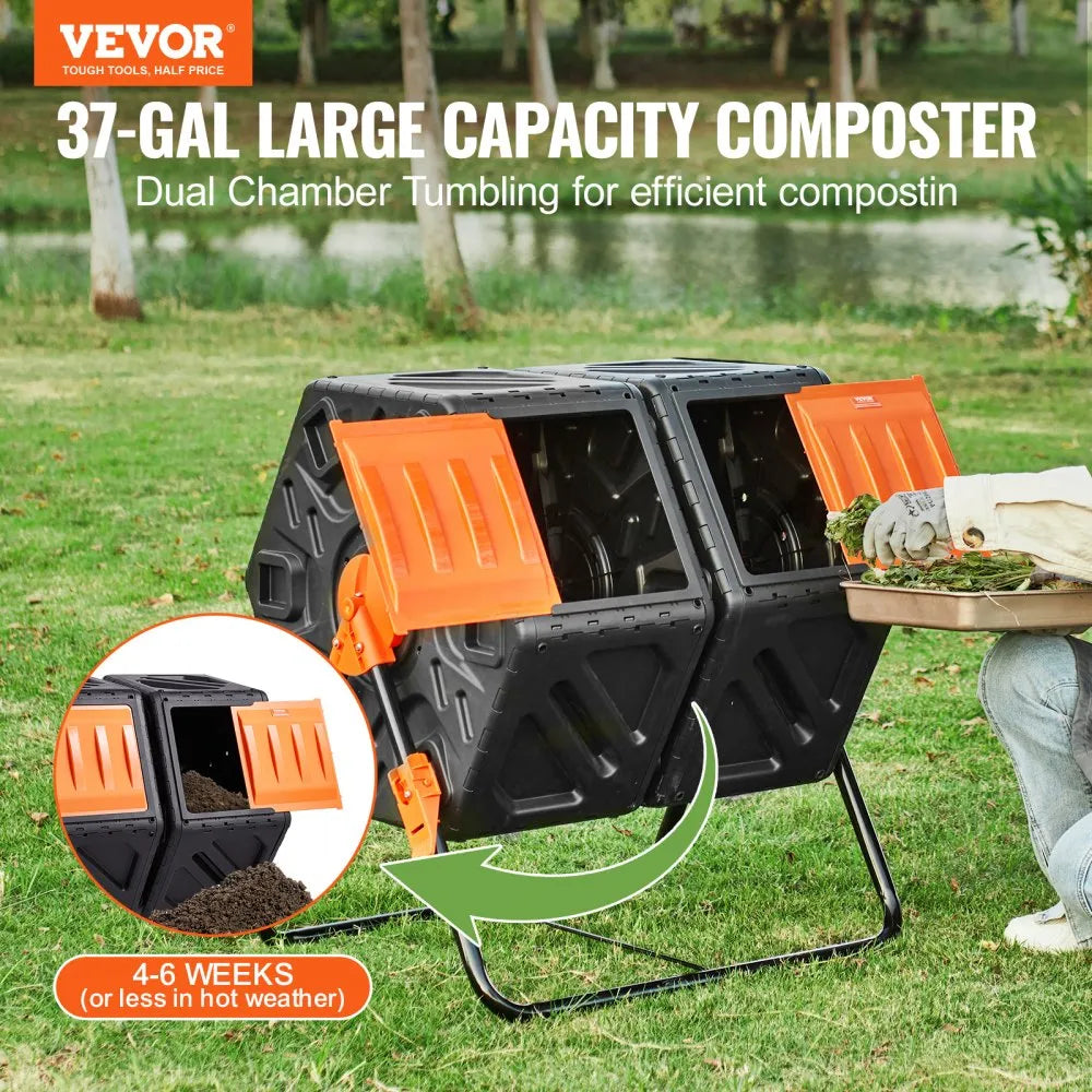 Compost Bin 37 Gal. Dual Chamber Composting Tumbler High Volume Two Rotating Chambers with 2 Sliding Door and Frame